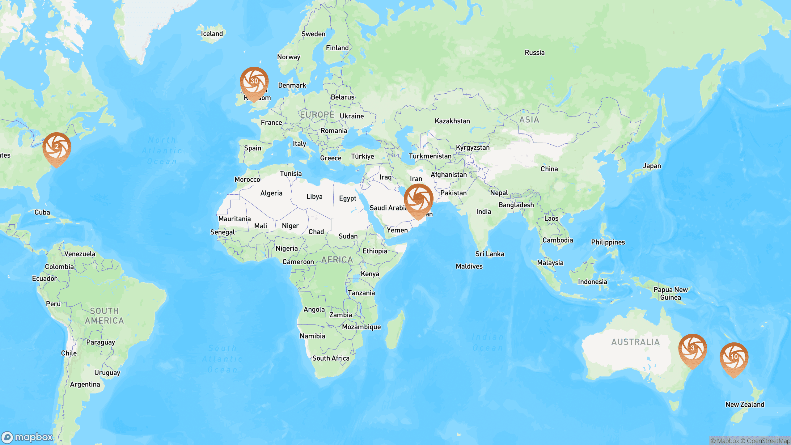 Map showing all photography locations around the world