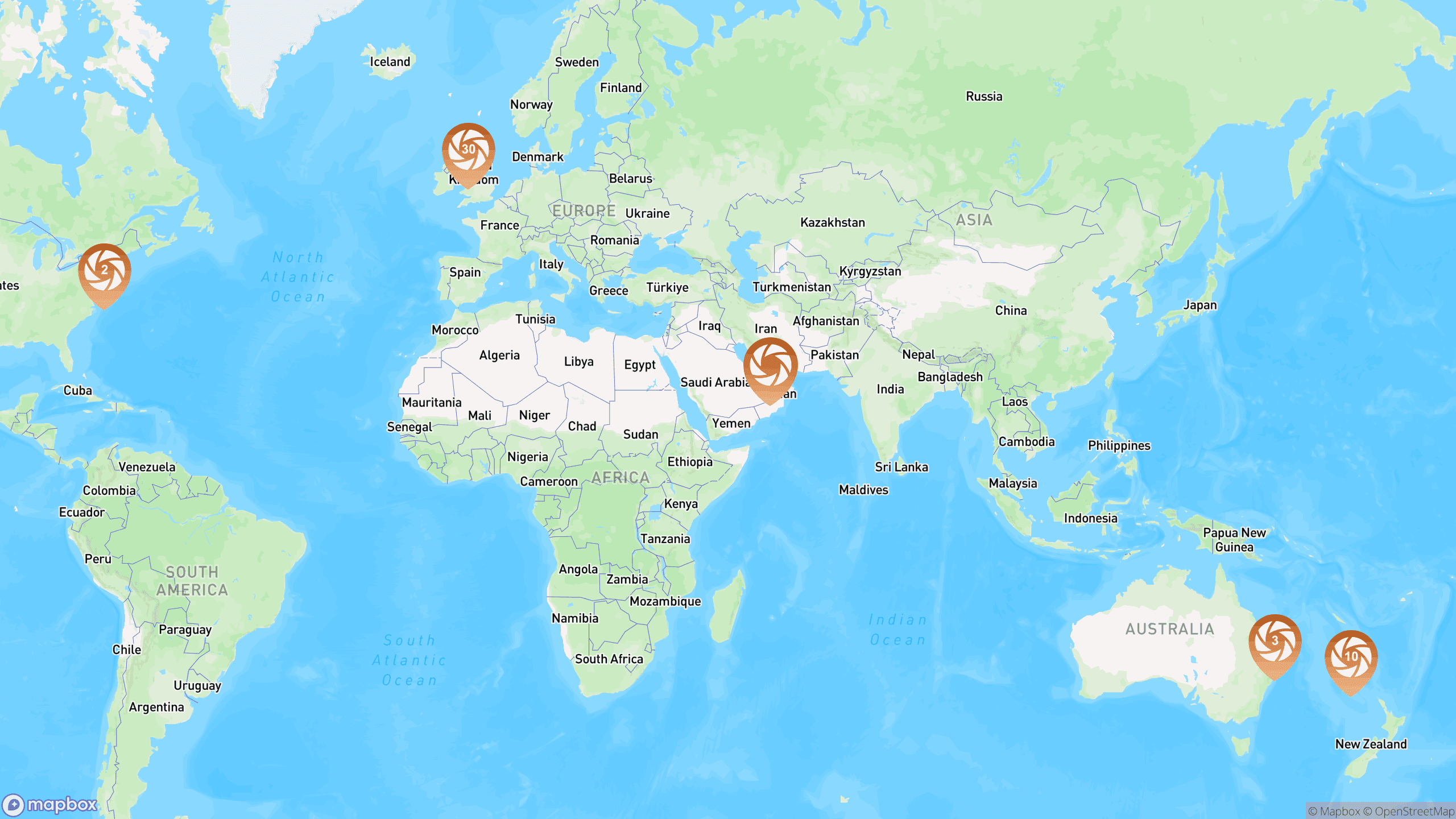 Map showing all photography locations around the world